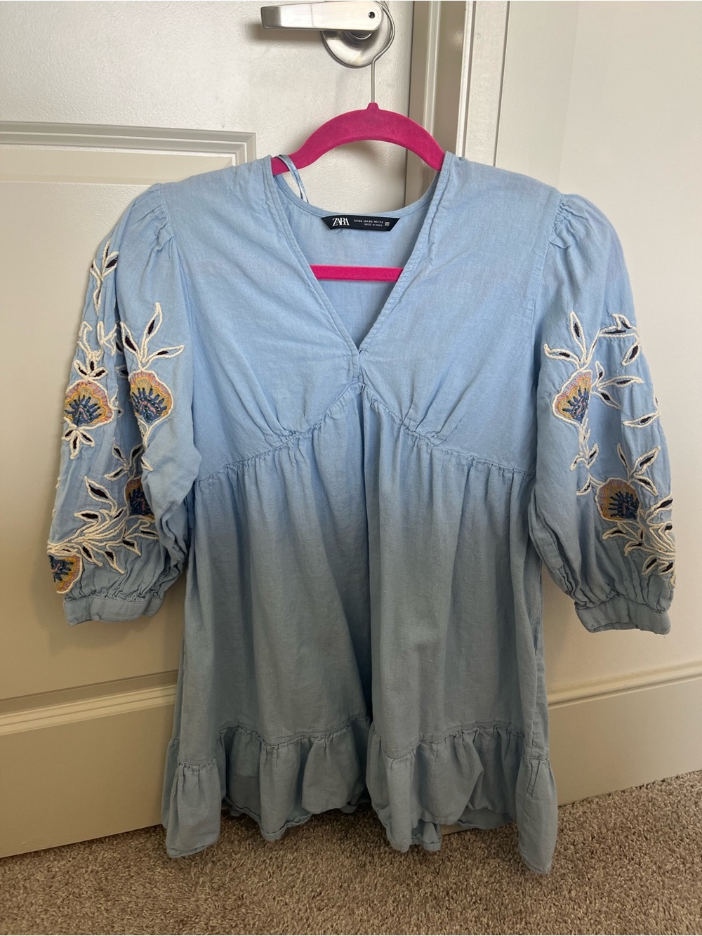 Zara Sky Blue Embroidered Puff-Sleeve Dress